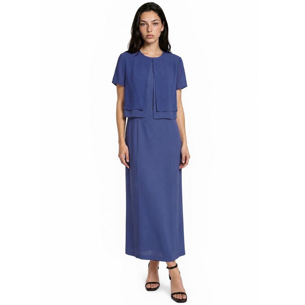 Talbots Maxi Dress Set Women's Size 10 Blue 100% Silk 2 Piece Bolero Jacket Chic